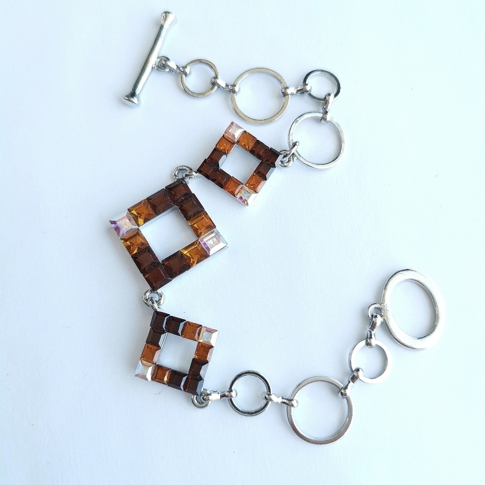Swarovski crystal geometric  link bracelet silver brown